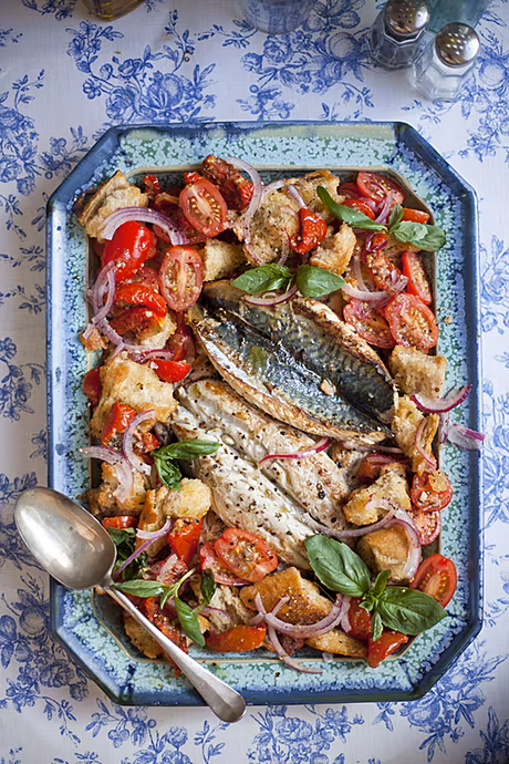 Mediterranean Mackerel with a Tomato Panzanella Salad | DonalSkehan.com, Delicious summer salad!