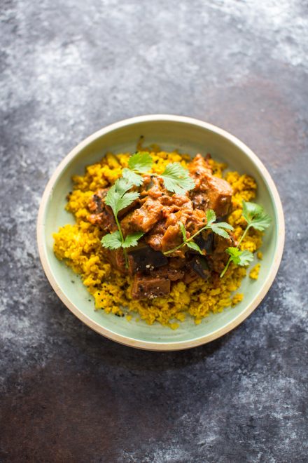 Aubergine Curry with Turmeric Cauliflower Rice | DonalSkehan.com
