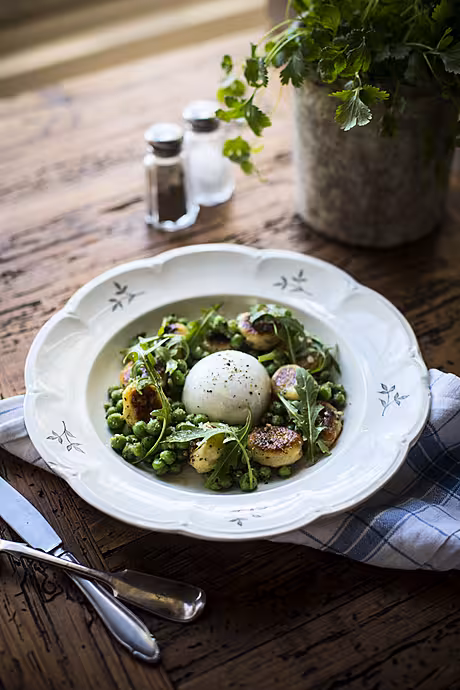 Pan Fried Gnocchi with Garden Peas, Buffalo Mozzarella & Basil Oil | DonalSkehan.com, A lovely alternative to pasta & so simple to make at home. 