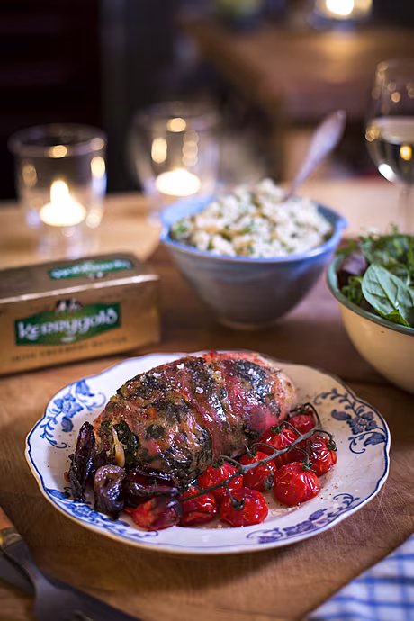 Prosciutto Wrapped Chicken Tray Bake with Herby Butter Stuffing | DonalSkehan.com, An impressive chicken dinner recipe that's easy to prepare and a joy to eat!