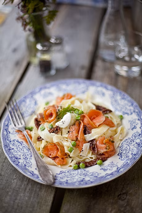 Creamy Salmon Tagliatelle with Garden Peas and Sundried Tomatoes | DonalSkehan.com, Delicious, quick and healthy pasta!