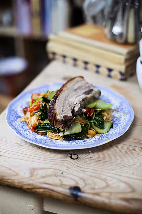 Chinese Five-spice Pork Belly with Chilli Noodles and Asian Greens | DonalSkehan.com, Crispy crackling and tender pork belly...Perfection!