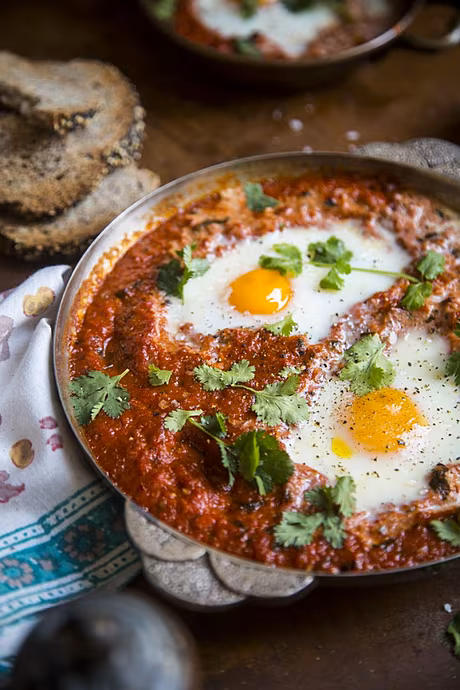Harissa Baked Eggs | DonalSkehan.com, Enjoy this healthy, comforting baked egg recipe for breakfast, brunch, lunch or dinner. 