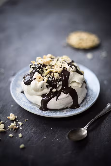 Mocha Meringues with Whiskey Cream, Chocolate Sauce and toasted Hazelnuts | DonalSkehan.com, Serve as one large cake or as individual portions!