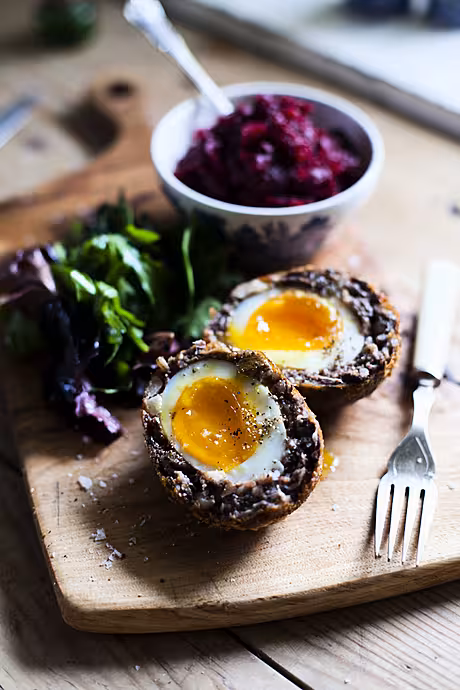 Black Pudding Scotch Eggs with Beetroot Relish | DonalSkehan.com, A new take on the Irish breakfast! 