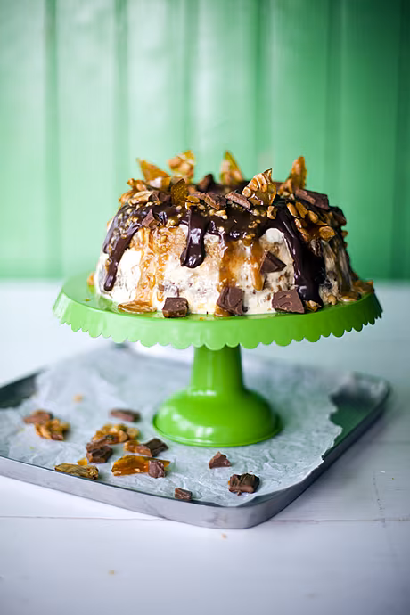 Dime Bar Bombe with Millionaire’s Drizzle | DonalSkehan.com, Kids and adults alike will go wild for this indulgent treat! 